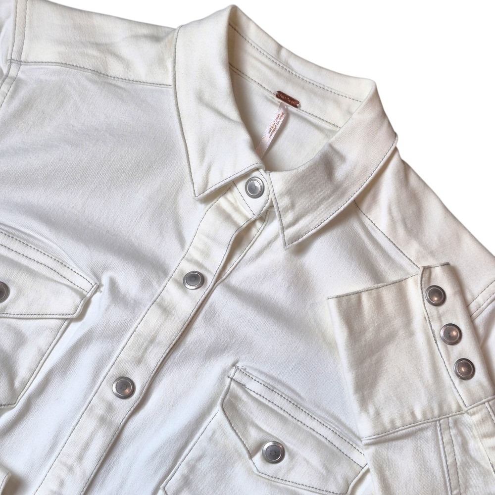 Free People Women's XS Off White Denim Shirt Dress Western Snap Button‎ Stretch
